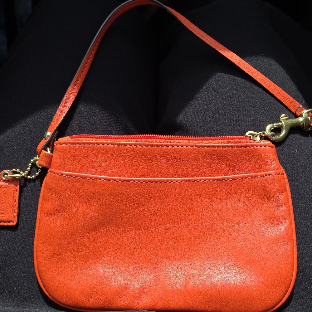 Coach Orange Leather Wristlet Bag with Gold-Tone Hardware
